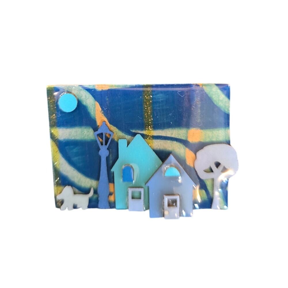 Vintage House Pins by Lucinda Nighttime Neighborhood Brooch Blue Houses Signed